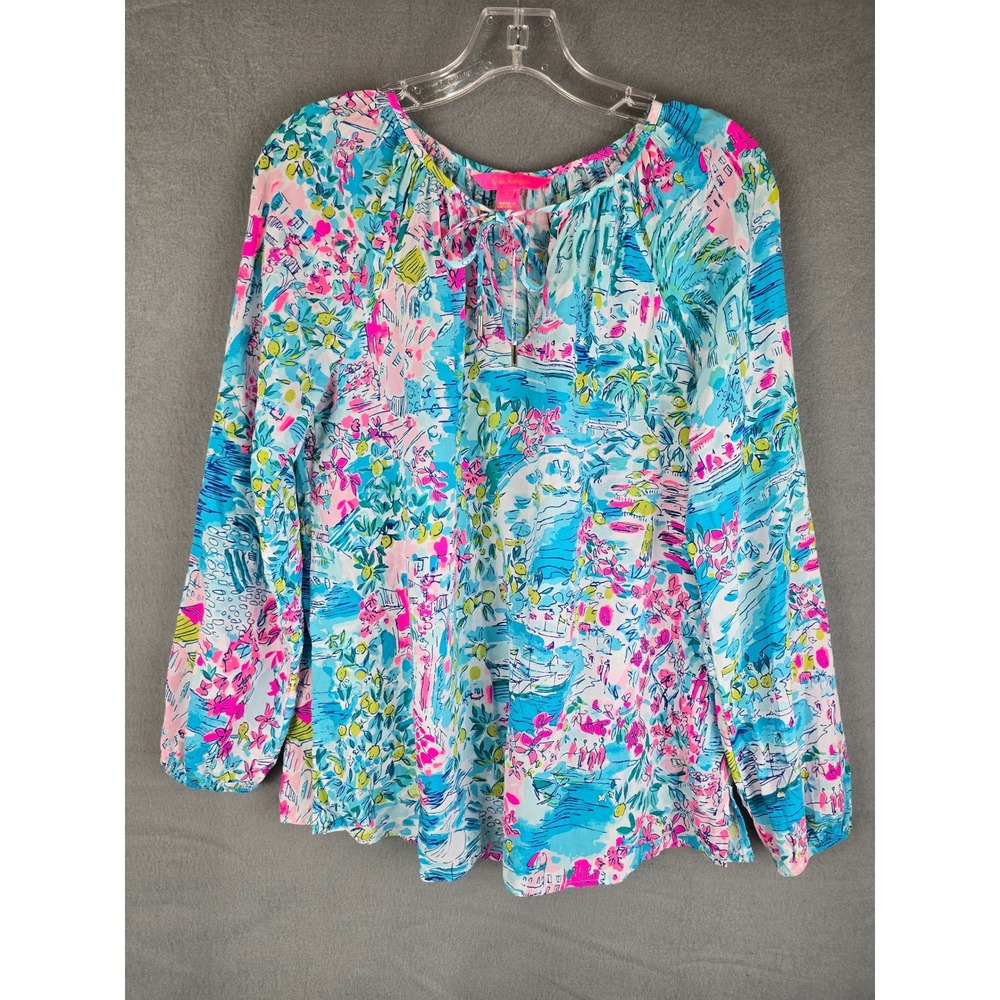 Lilly Pulitzer Elsa Top Women's Small Blue Pink Tropical Floral Blouse Preppy